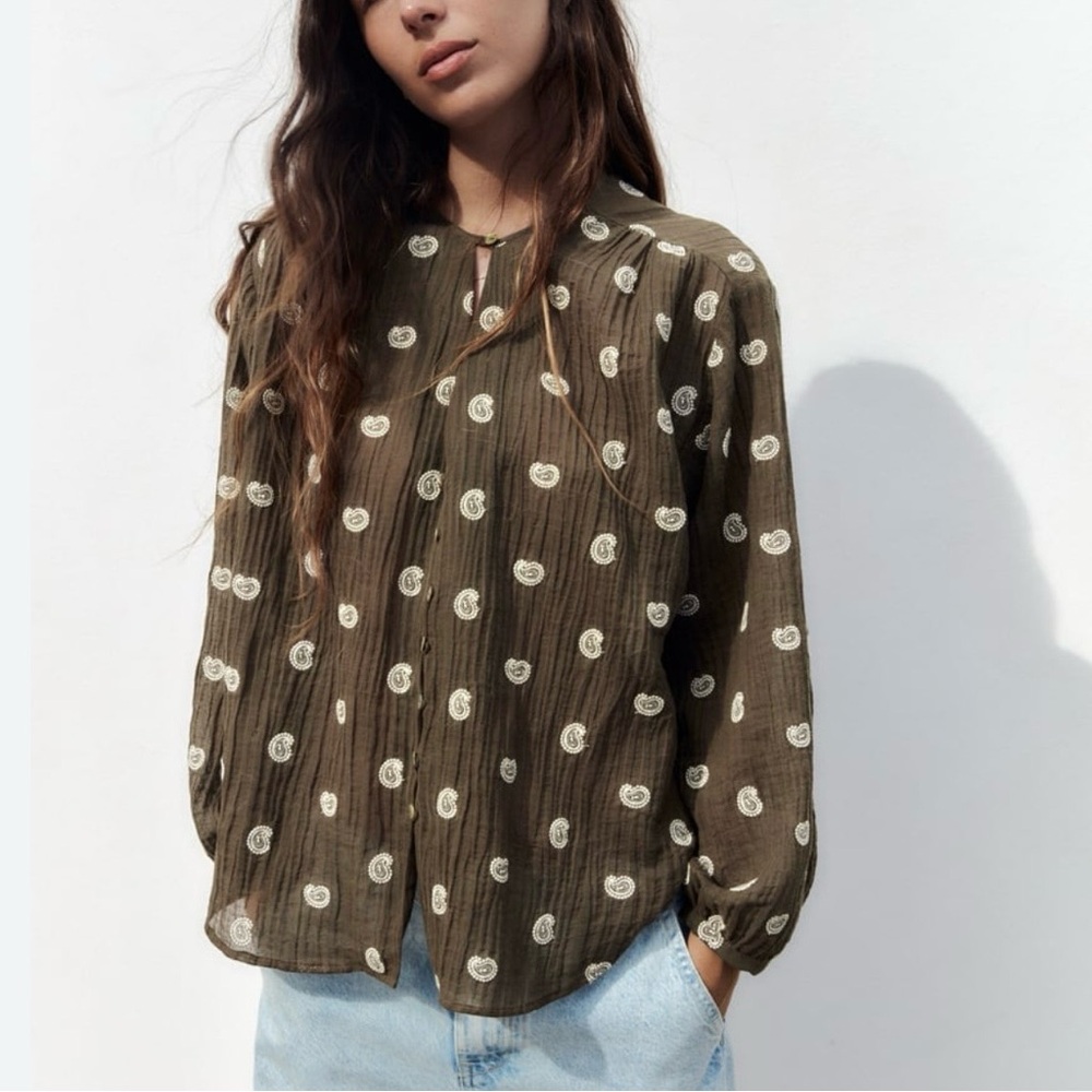 Zara Green Paisley Embroidered Blouse
